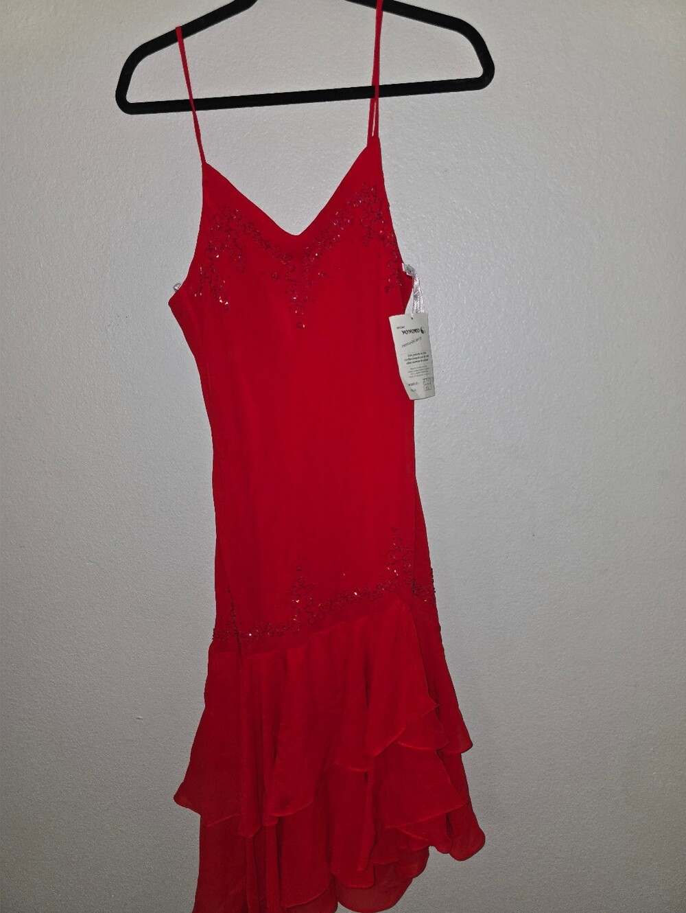 Red Beaded Spaghetti-Strap Evening Dress